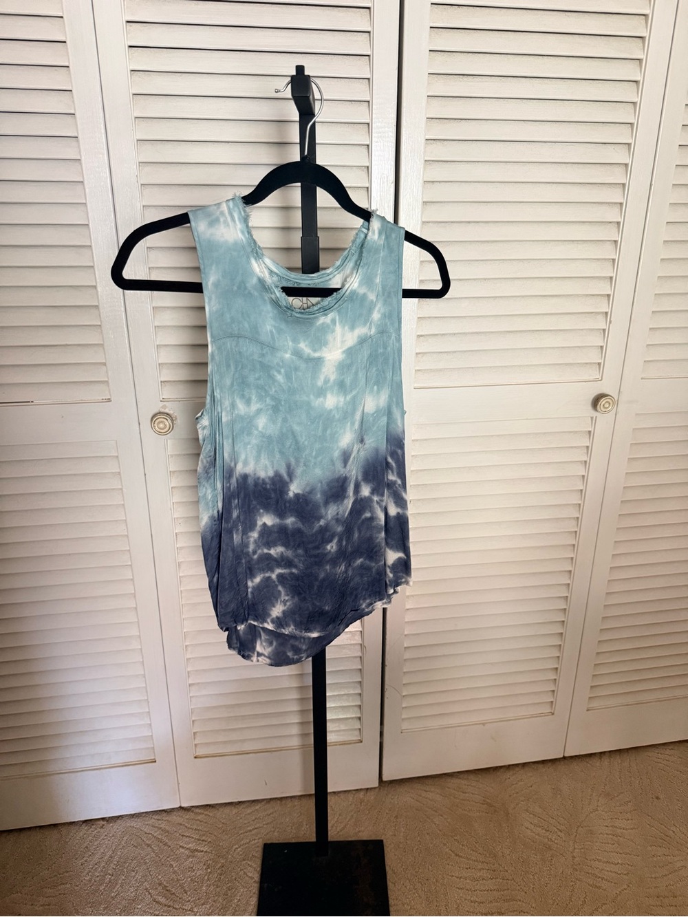 Chaser Tie-Dye Fringed Muscle Tank Top - Blue Ombre Dip-Dye - Size XS
